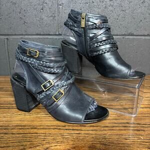 Isola Black Leather Heeled Sandals 7.5 Strappy Braided Buckle Bootie